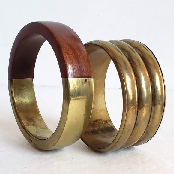 2pcs Vintage BRASS & WOOD Bangles Bracelets Wide Minimalist Modernist - Picture 1 of 12